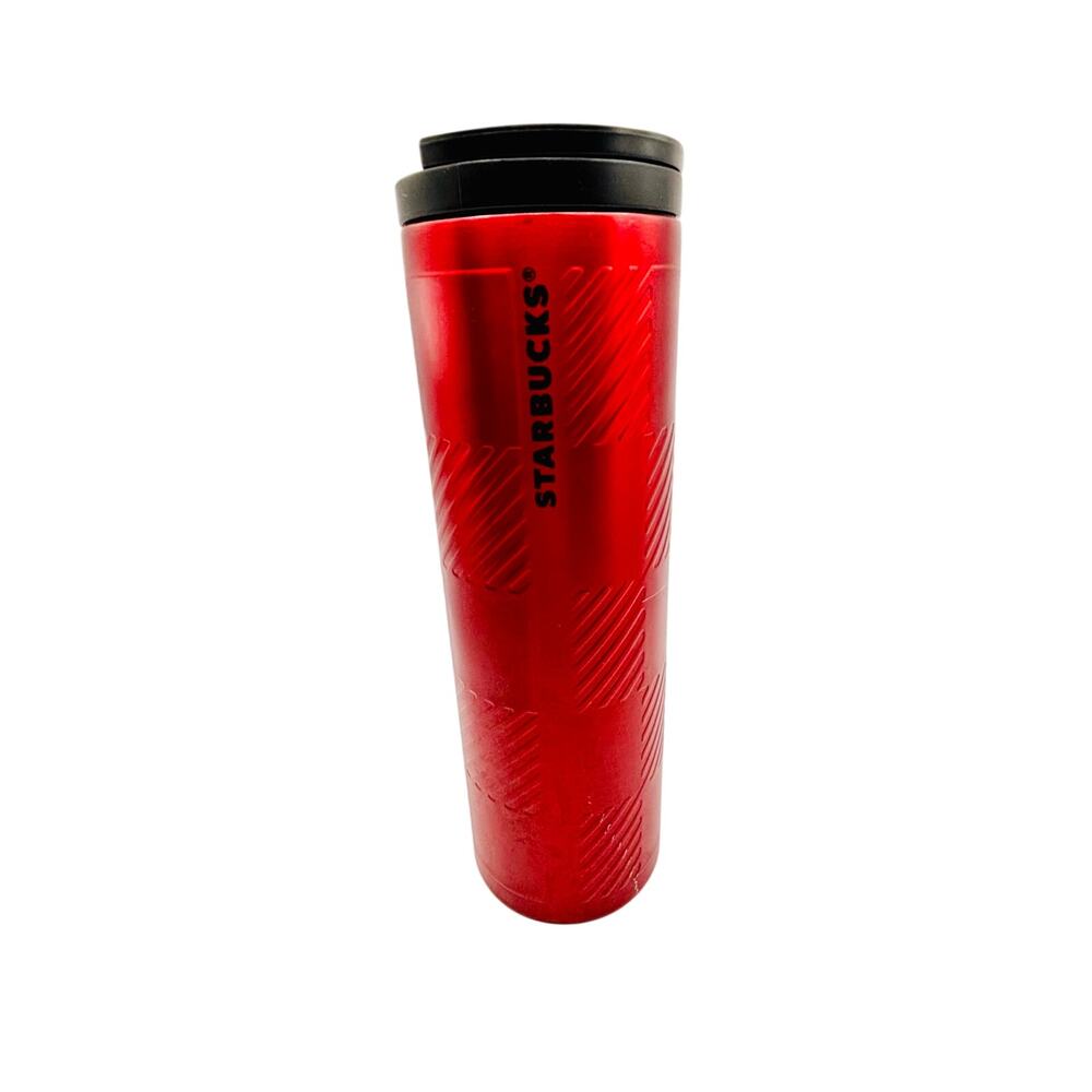 Starbucks 2015 Christmas edition red plaid metallic 16 oz travel tumbler and lid